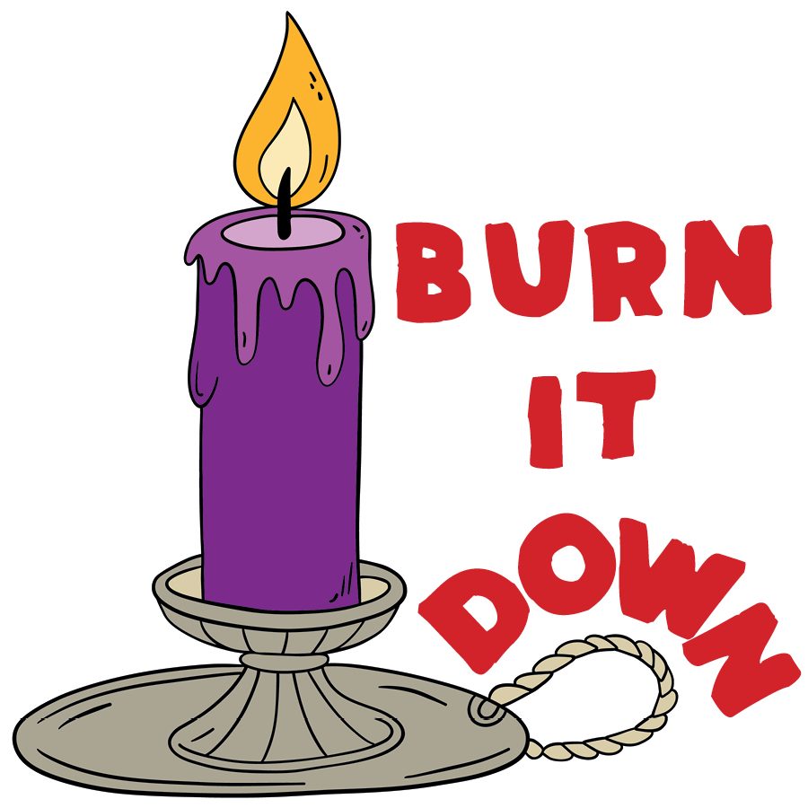Illustration of a purple candle in a vintage candle holder, with red text.