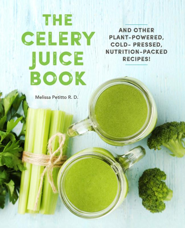 photo of cut celery stalks, next to green juice cups, next to broccoli, over a countertop 