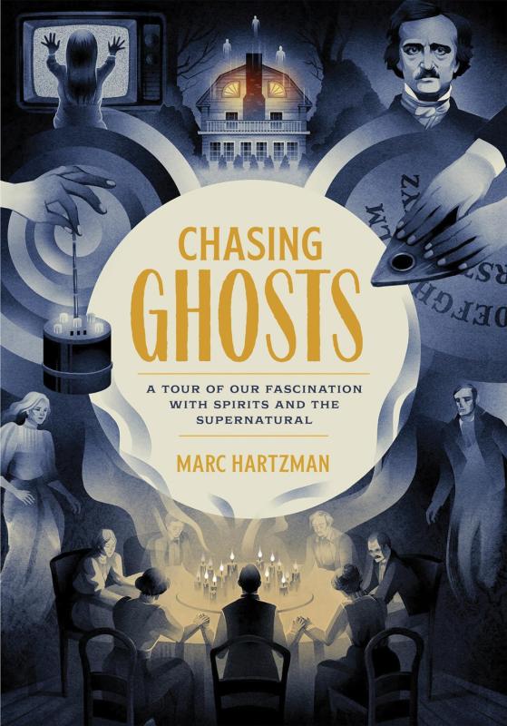 dark images and motifs of ghosts and macabre figures around what seems to be a glowing crystal ball containing the info text