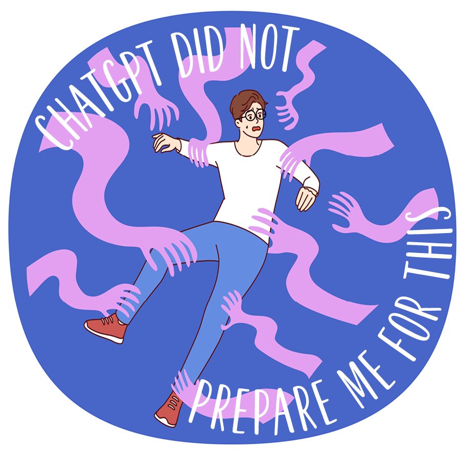 Illustration of a person being grabbed at by ghostly purple arms.