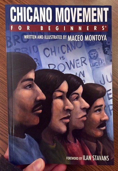 book cover depicting 4 chicano men and women standing in a line in front of picket signs