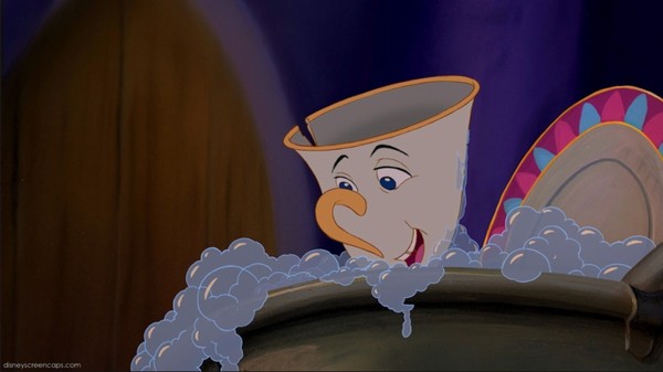 chip, the teacup from beauty and the beast, taking a bath