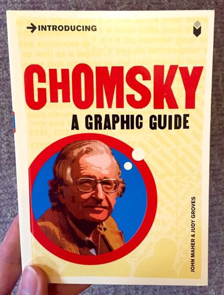 yellow book cover with noam chomsky in a red circle with thought bubbles