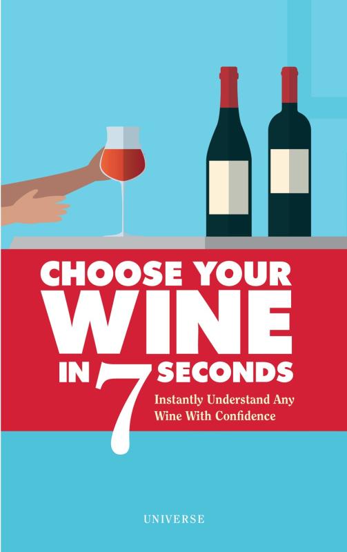 Blue cover with title on a red banner and a hand holding a wineglass reaching for two more bottles of wine.