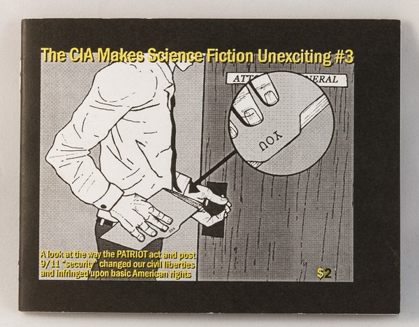 A zine cover with an illustration of a man with a file in his hand. There is a zoomed, reference circle revealing that the file is titled, "you"