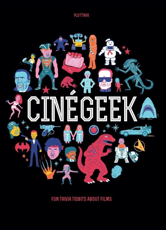 black text with collage of illustrated objects from movies