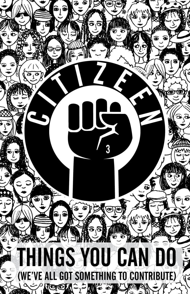 Black and white raised fist illustration surrounded by drawings of a diverse crowd of people. 