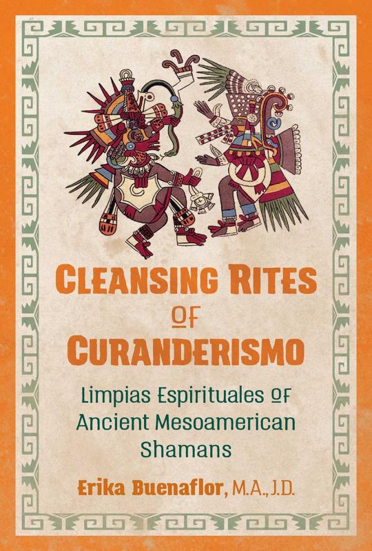 Beige book cover surrounded by orange border, with cover displayed in thick orange text under illustration of figures and symbols from Aztec art.