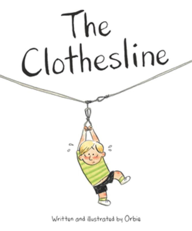 white cover with illustration of a boy hanging from a line