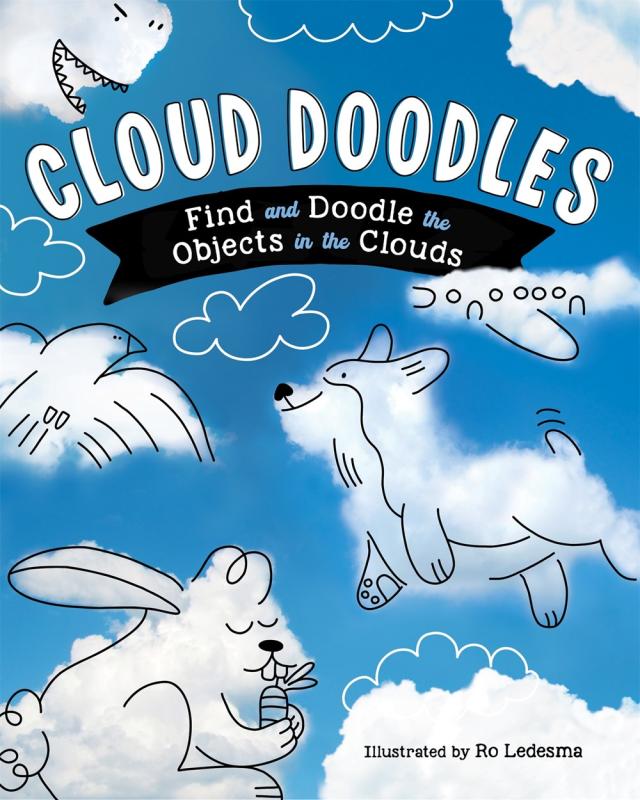 blue sky with white clouds in the shape of animals with white text