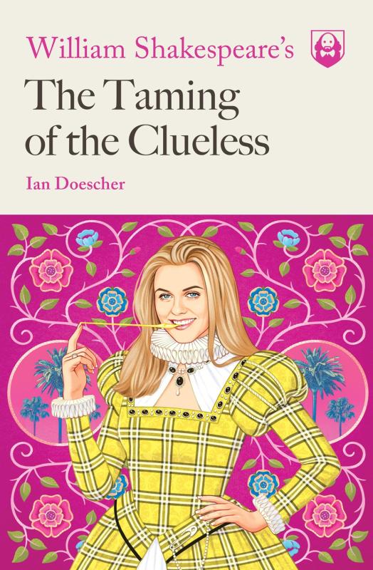 a blonde teen girl in a yellow plaid elizabethan dress, against a floral pink background