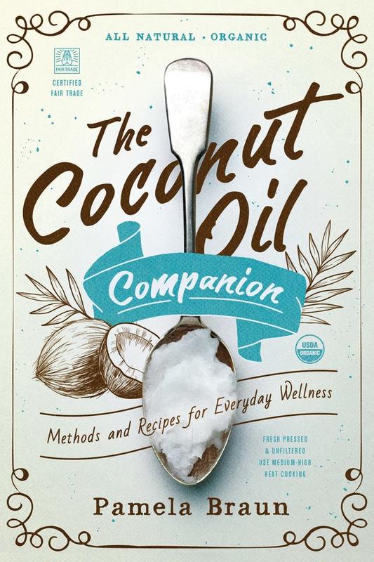 a metal spoon heaping with coconut oil and an illustration of coconuts in the background