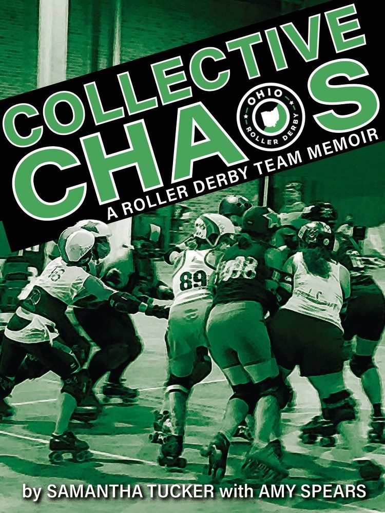 group of people playing roller derby in green hue with green text