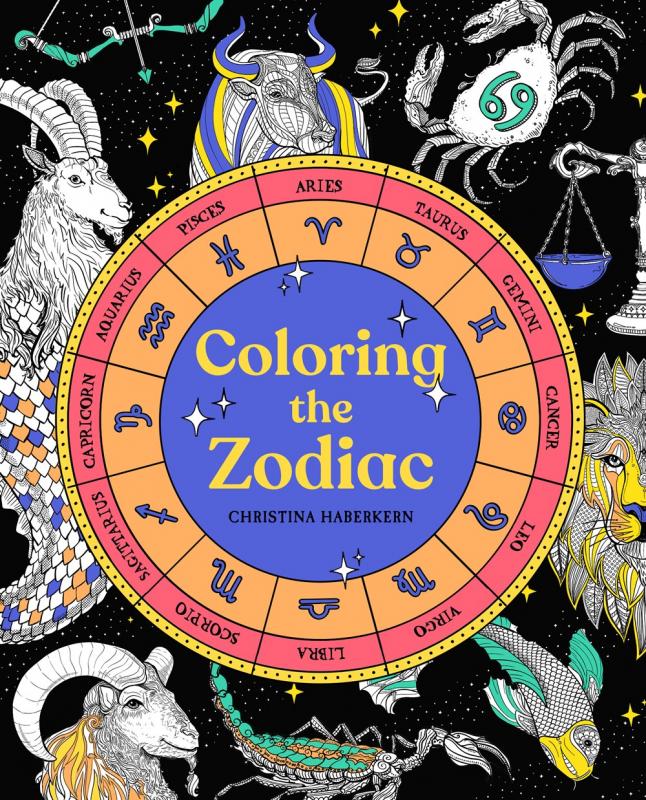 a zodiac wheel, with all the animals of the zodiac around it, partly colored in and partly black and white