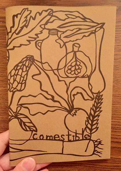 Cover of Comestible: Issue 6: Fall/Winter 2017 which features drawings of food items like mushrooms, beets and carrots