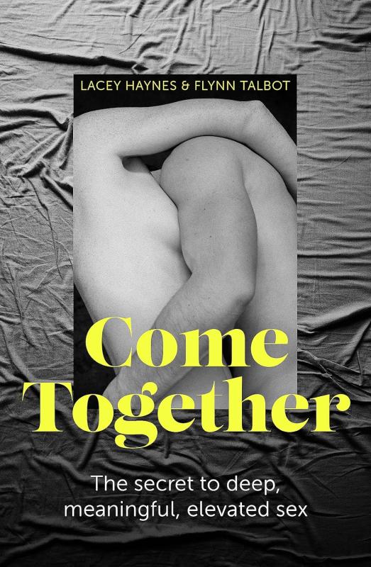 black and white illustration of two people holding each other with yellow text