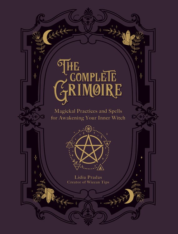 all-text cover bordered by stylized illustrations of gemstones, plants, moons, and pentagram.