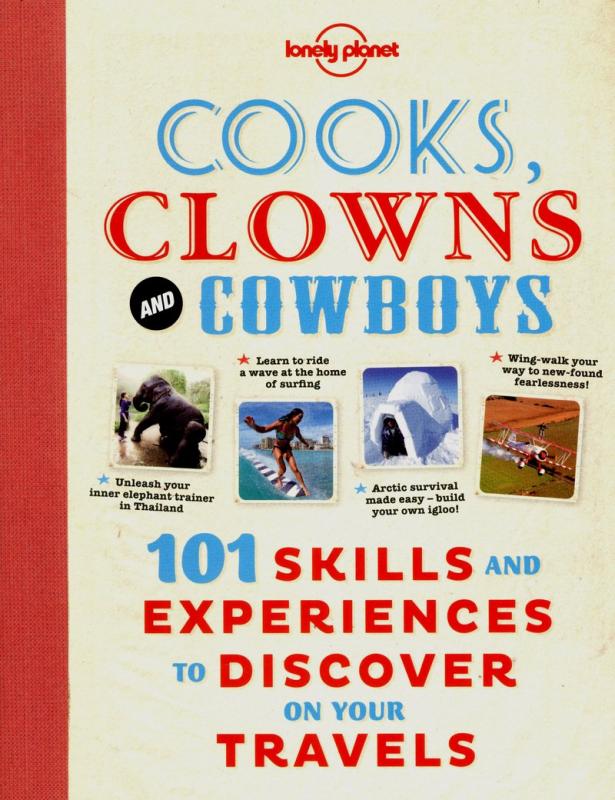 tan cover with red spine and text with collage of places with blue text