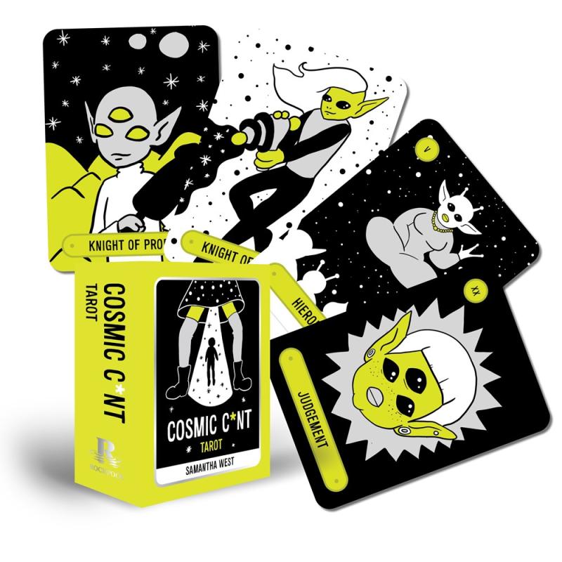 a yellow deck box with a figure being abducted with a beam emanating from beneath a large figure in a skirt, and four sample cards featuring aliens in various poses