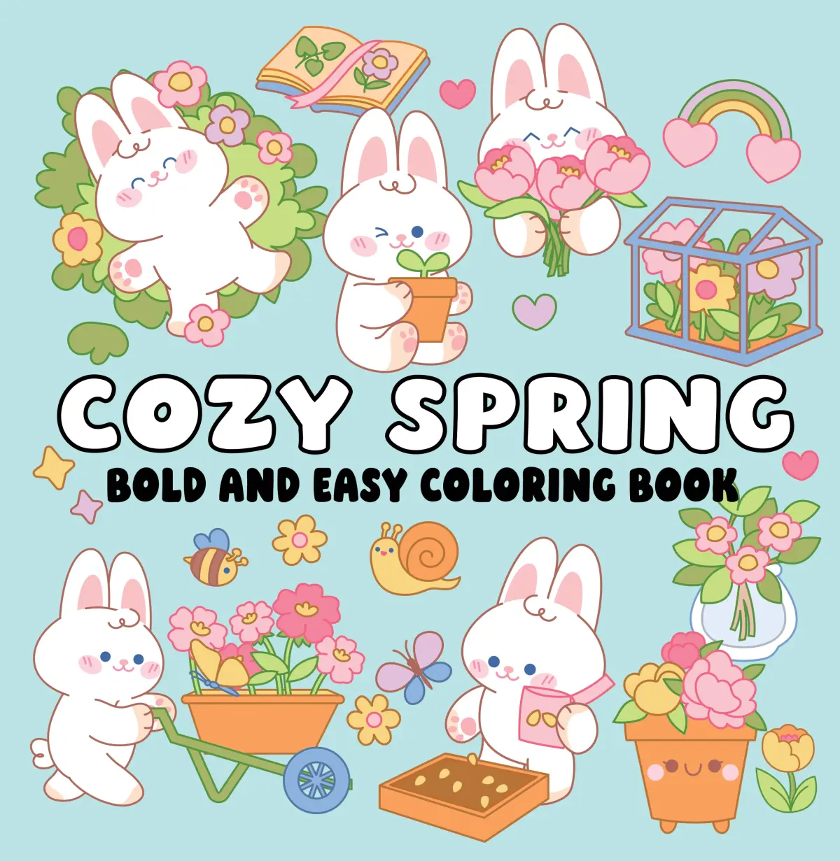 blue cover with cute illustrations of white bunnies doing gardening