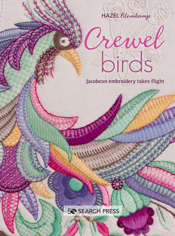 colorful stitches in the shape of a bird with pink cover and text
