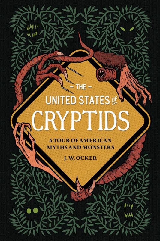various illustrated cryptid hands around a yellow diamon-shaped sign with the title
