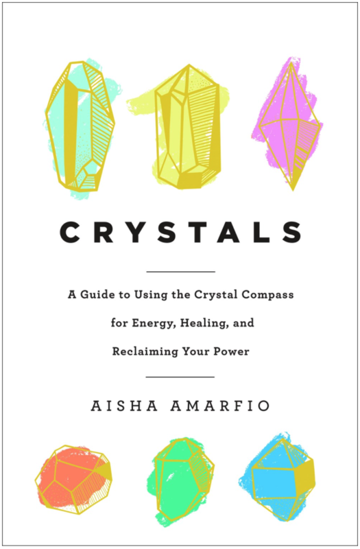 six illustrations of crystals with scribbly auras