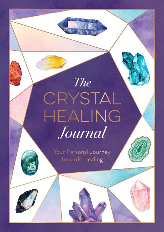 Book cover with watercolor illustrations of crystals around the title in gold text on dark purple background.