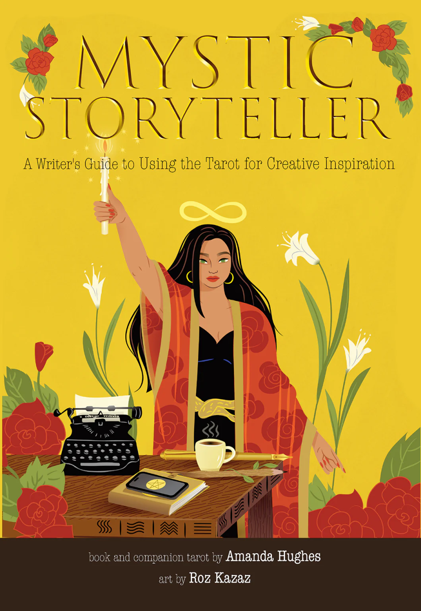 Person in the likeness of Pamela Coleman-Smith's magician in the tarot, holding a candle above their head, next to a table with a book, a pen, a typewriter, a smartphone, a mug, as well as some other foliage motifs