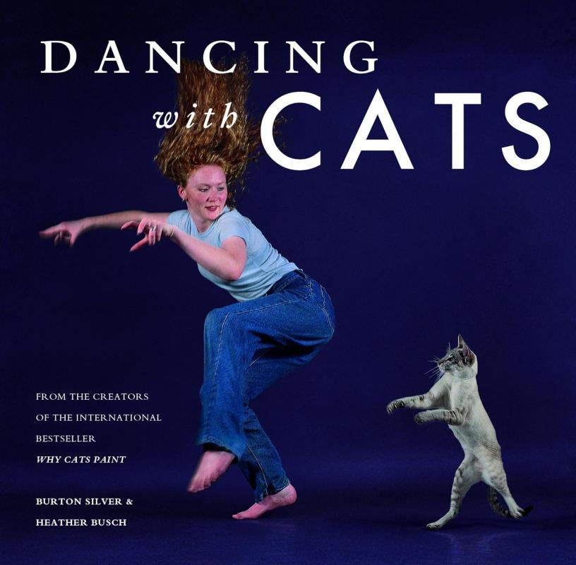 navy blue cove with a woman dancing with a grey cat