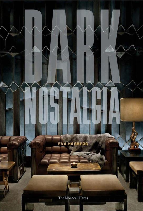 dark interior of a space with brown couch with bold grey text