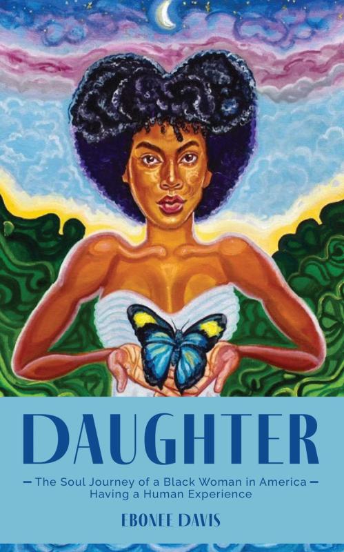 a painting of a Black woman against a green and blue background holding a blue and yellow butterfly 