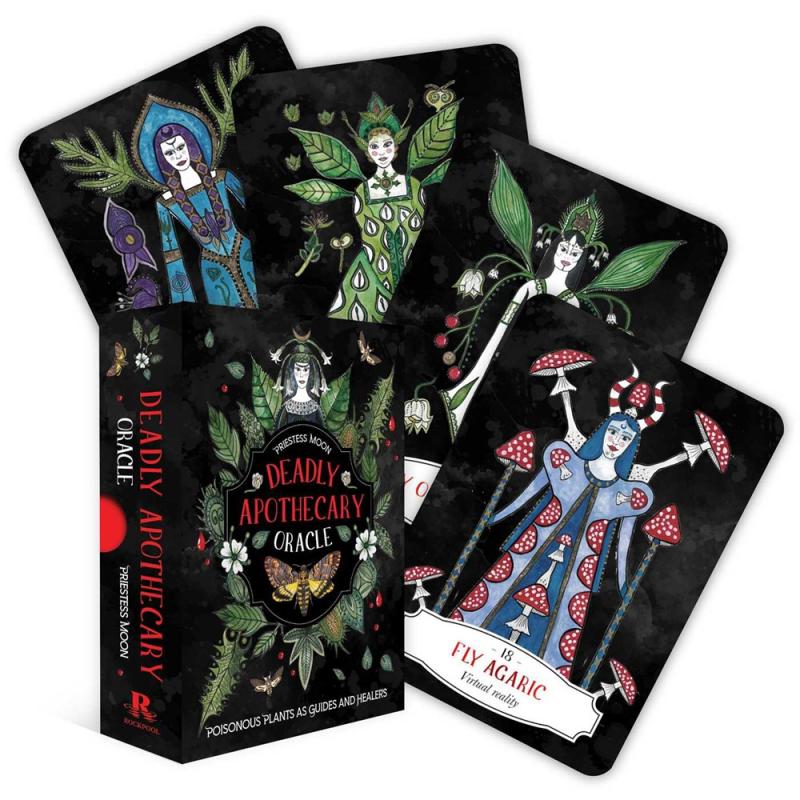 Photograph of deck box and four cards featuring mythic botanical illustrations.