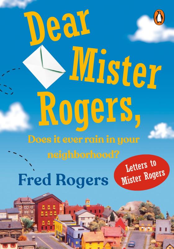 An envelope with a dotted trajectory flying through the clouded blue sky, footed by Mister Rogers' stop-motion neighborhood.  