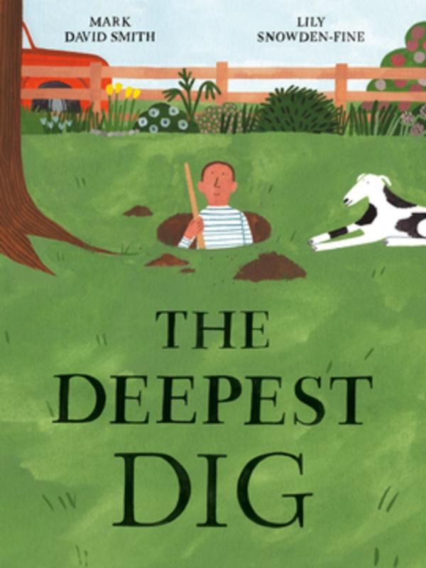 green grass with bold text and child digging in the ground