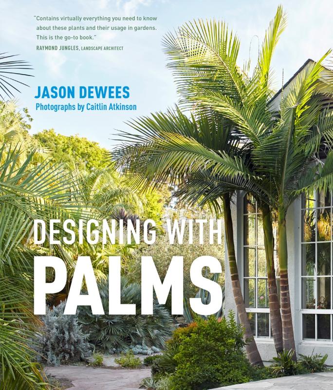 Book cover featuring large, sans serif white text over photograph of palm trees in a garden.