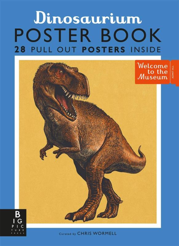 t rex in a white bordered square over a blue background