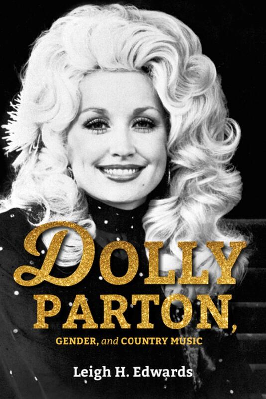 Black and white portrait of Dolly Parton with gold text