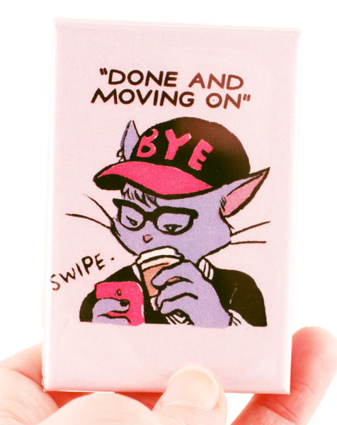 a cat with a "bye" hat and a coffee, swiping left