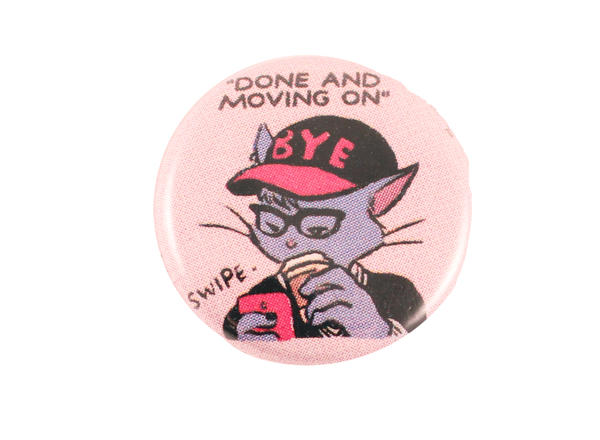 a cat swiping left, wearing a hat that says "bye"