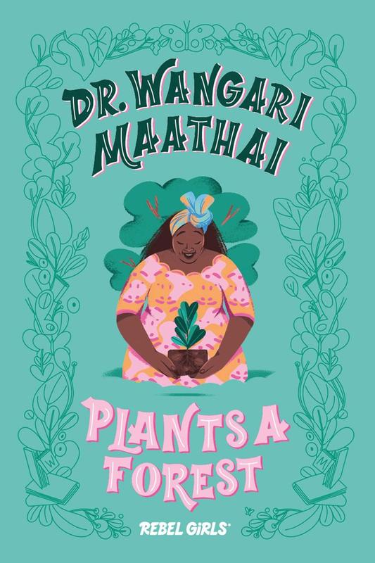 an illustration of a black woman with a pink and orange dress and an orange and blue headwrap, holding a small potted plant, surrounded by a border of leaf shapes