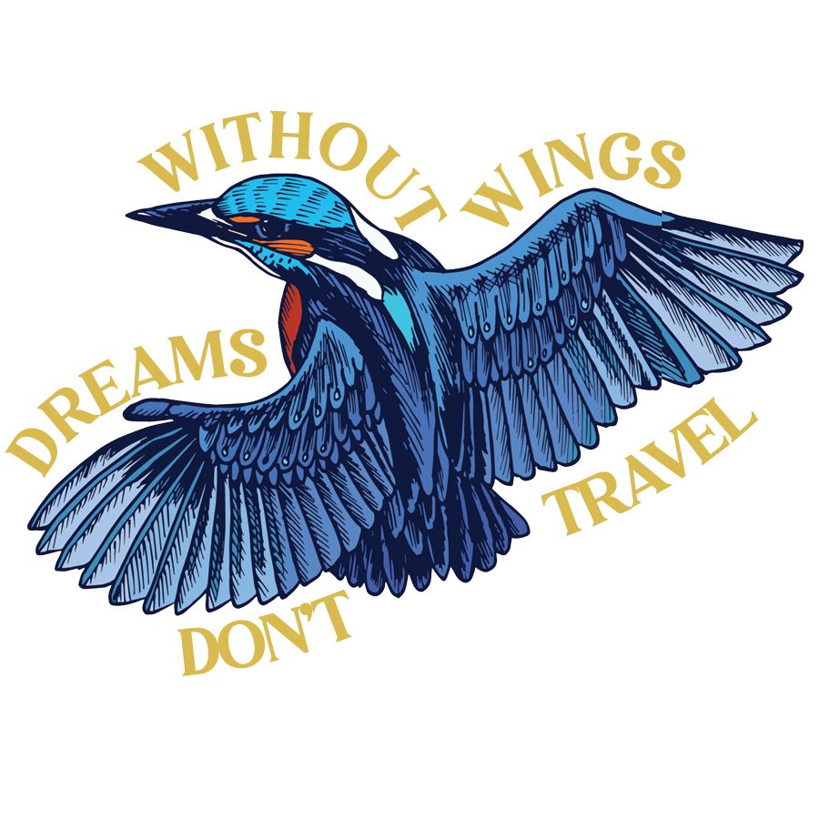 Illustration of a blue bird with wings outstretched, surrounded by yellow text.