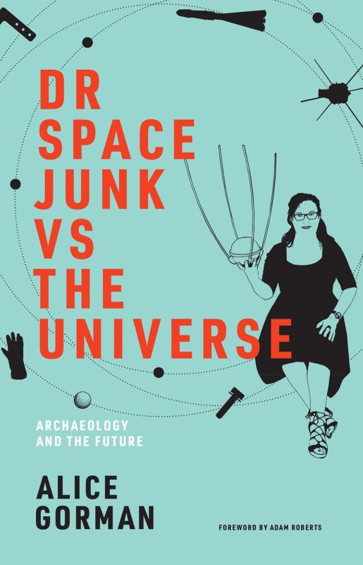 blue cover with orange text with person holing space debris