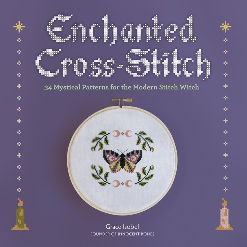 Purple book cover with old English style text, featuring image of a cross stitch moth and candles.