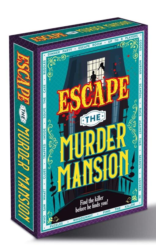 teal and black box with orange and yellow text with illustration of a dark mansion