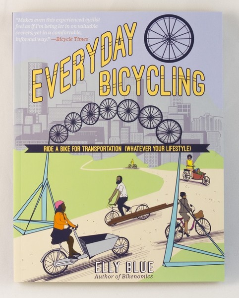 A book cover with an illustration of several different people on different kinds of bikes, riding around town