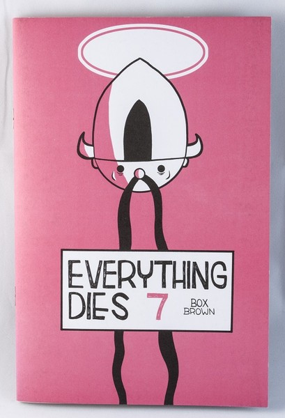 A pink/red zine cover with the head of a cartoon in a horned helmet and a long, hanging mustache and a halo above its head