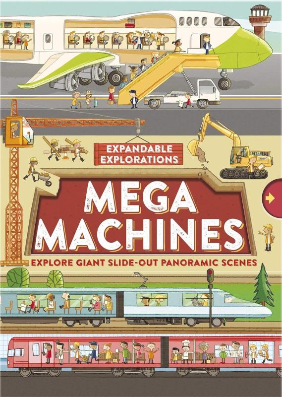 illustration of mega machines with people in a city walking around them with white text