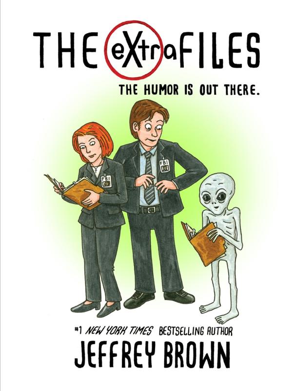 cartoon illustration of three people and an alien, reading case files