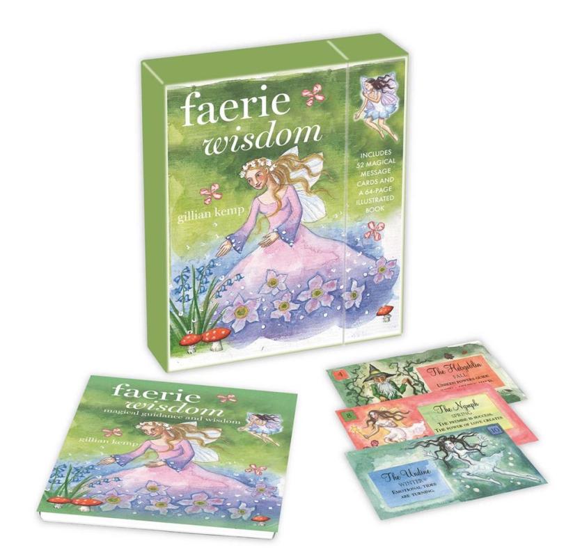 Book with cards, guidebook, and slipcase featuring a fairy figure surrounded by flowers of a background of watercolor green